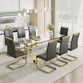 1 Table And 6 Chairs. Modern Simple Luxury Tempered Glass Rectangular Dining Table And Desk With 6 Black Pu Gold Plated Leg Chairs 79''X39''X30'' Transparent Glass