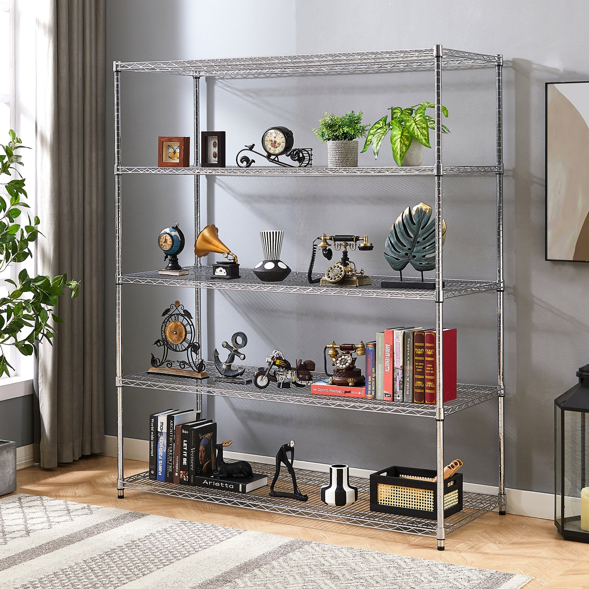 Warehouse, Supermarket,Kitchen,And Other 5 Layer Heavy Duty Adjustable Shelves With Wheels And Adjustable Feet,Each Metal Frame Bearing 300 Pounds. 59.45 "L 24.02 "W 71.65 "H. Silver Steel