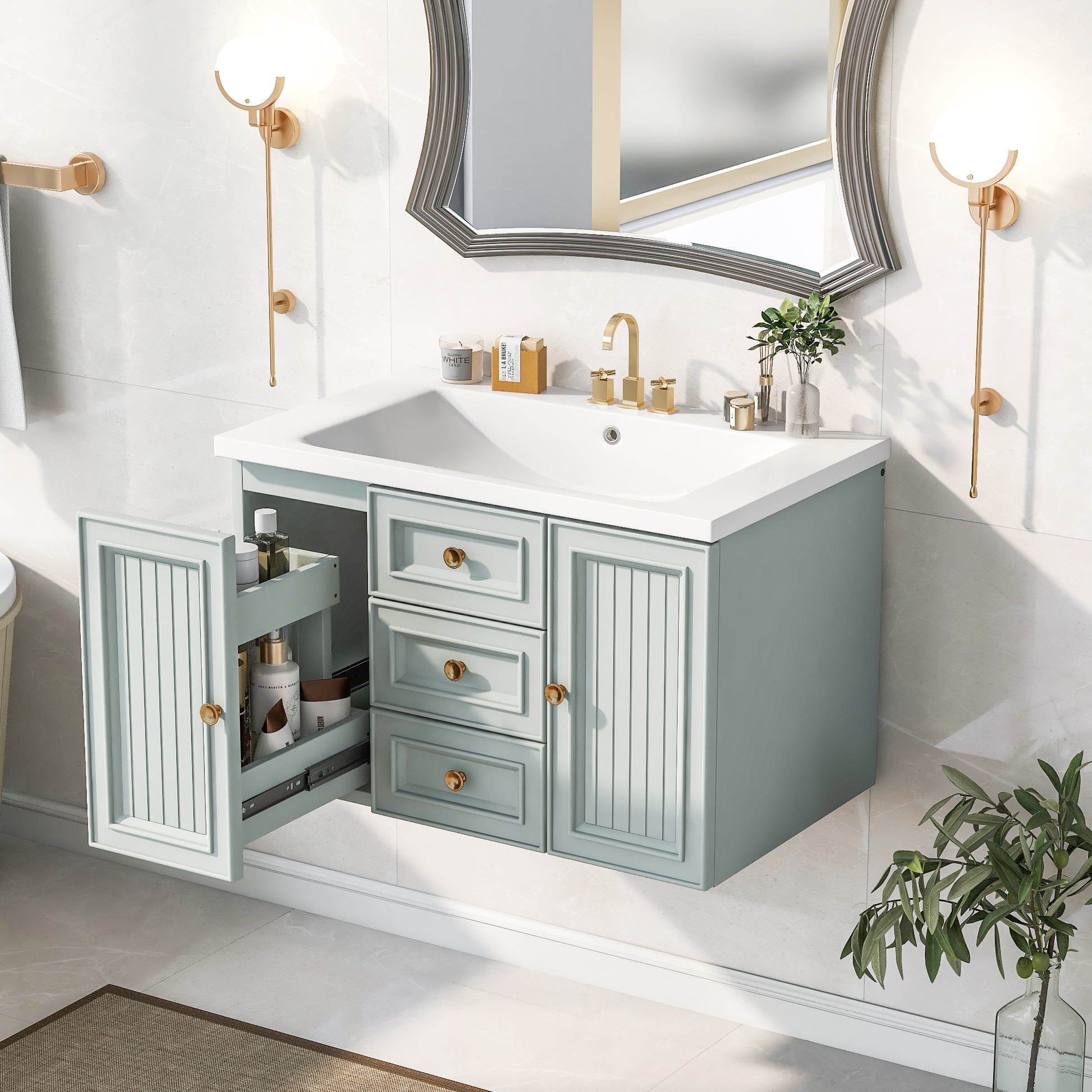 30" Wall Mounted Bathroom Vanity With Sink Combo, Functional Drawer, Solid Wood & Mdf Board & Ceramic, Green Old Sku:Sy999909Aaf Green Solid Wood Mdf