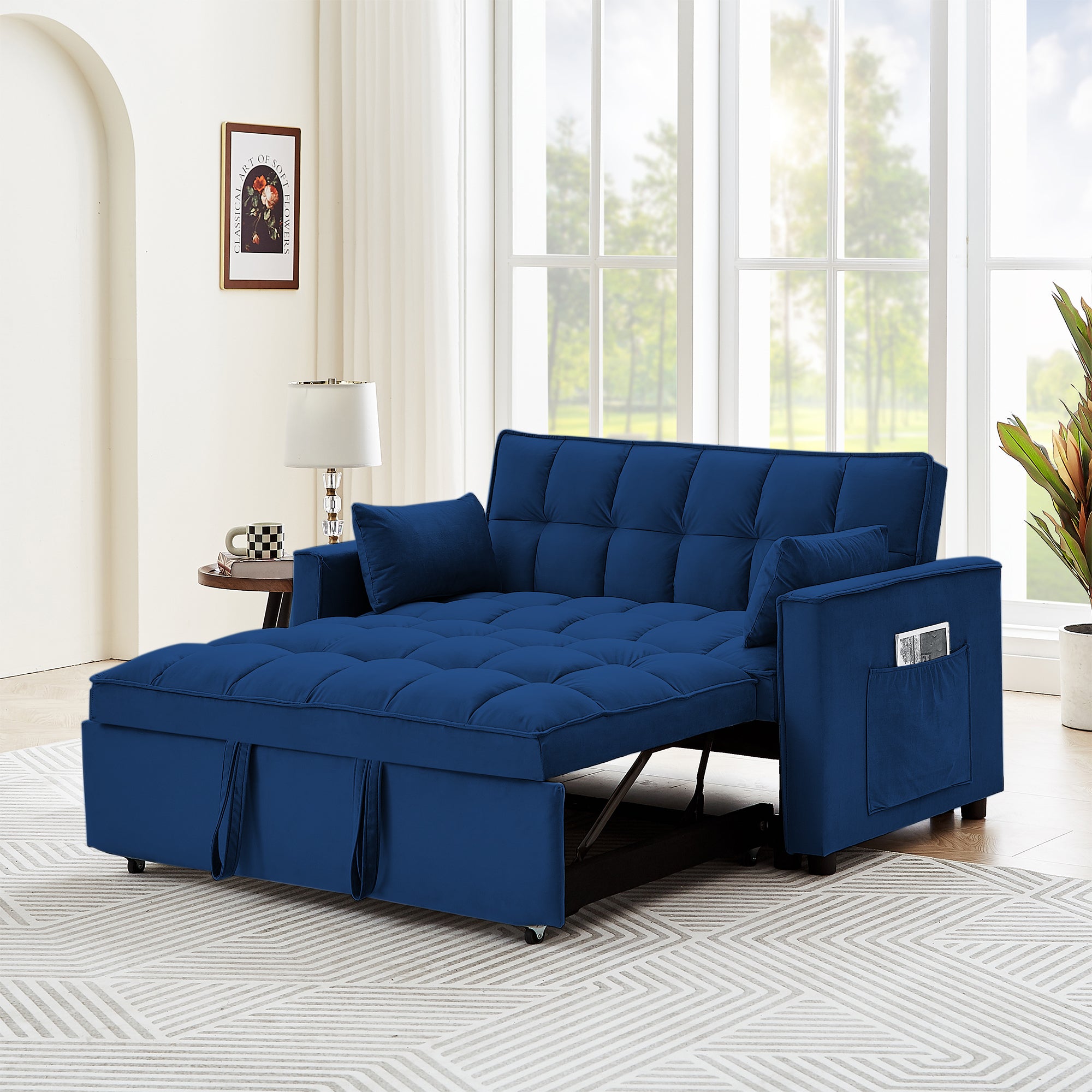 Sleeper Sofa Couch W Pull Out Bed, 55" Modern Velvet Convertible Sleeper Sofa Bed, Small Beautiful Seat Sofa Bed W Pillows & Side Pockets For Small Space, Living Room, Apartment,Blue Blue Velvet 2 Seat