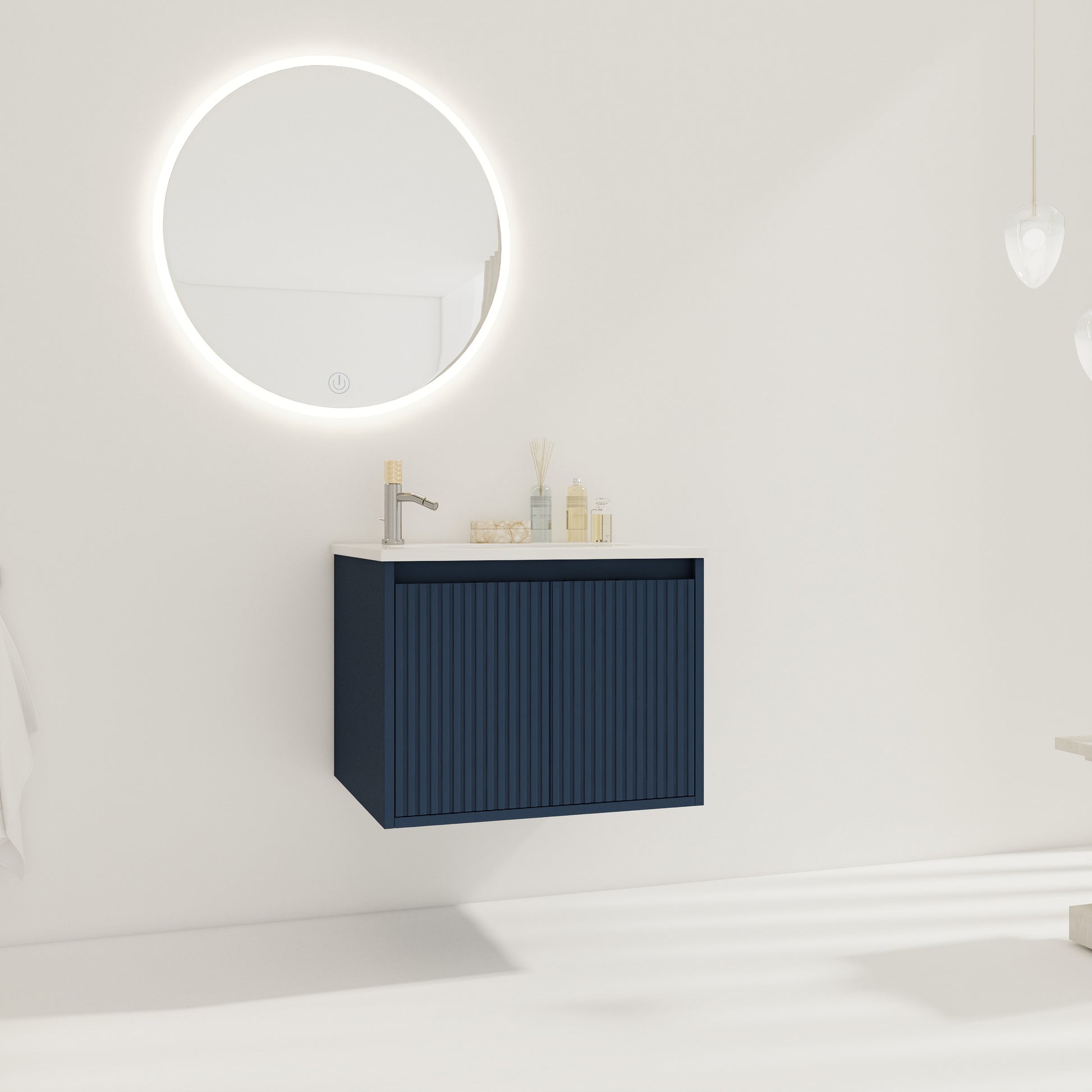 24" Floating Bathroom Vanity With Drop Shaped Resin Sink Navy Blue 2 Bathroom Wall Mounted Modern Plywood