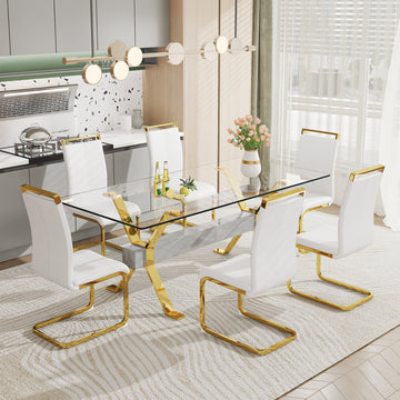 1 Table And 6 Chairs. Modern, Simple And Luxurious Tempered Glass Rectangular Dining Table And Desk With 6 White Pu Gold Plated Leg Chairs 79''X39''X30'' Transparent Glass