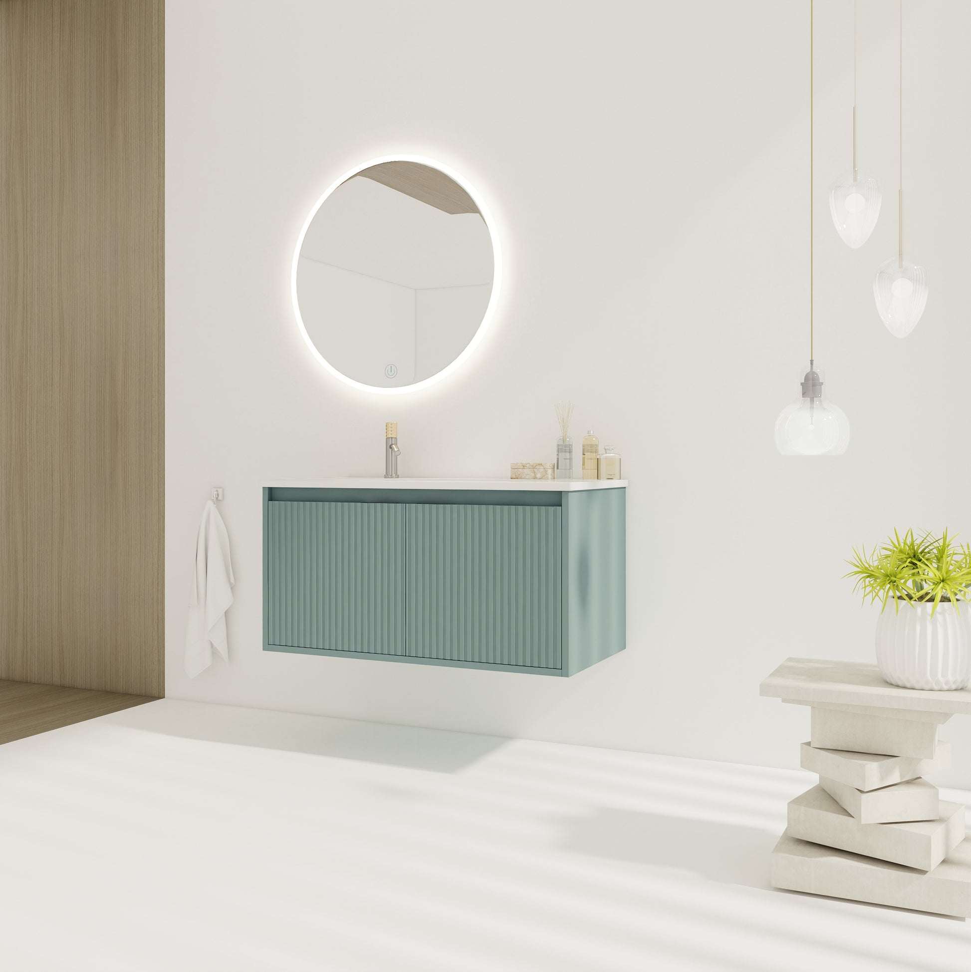 36" Floating Bathroom Vanity With Drop Shaped Resin Sink Green 2 Bathroom Wall Mounted Modern Plywood