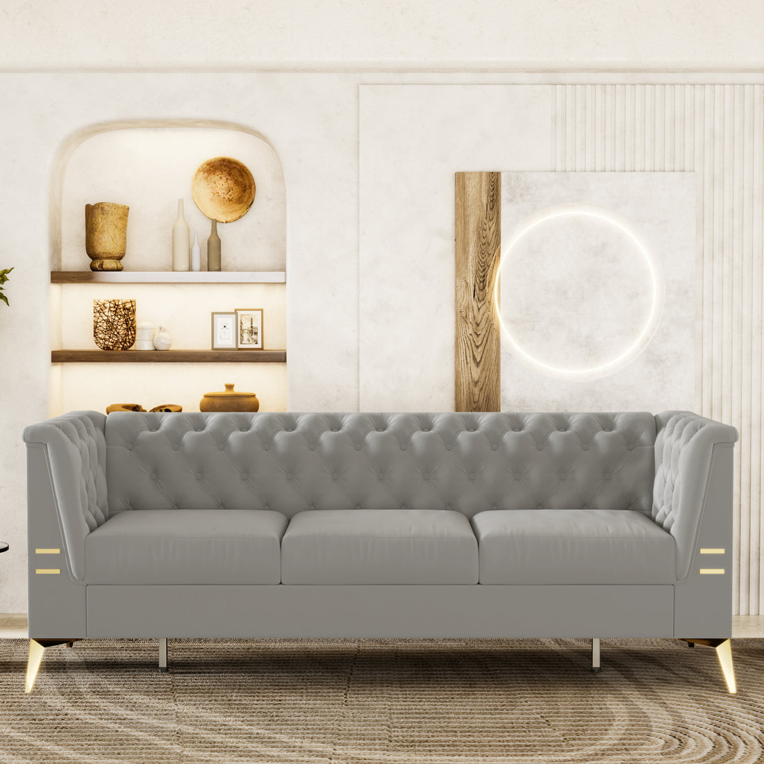 Fx P83 Lg2 Sofa Modern Style Velvet Button Tufted Living Room Sofa With Removable Cushion & Solid Wood Legs Sofas Light Grey Velvet