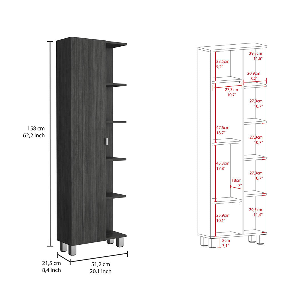 Corner Cabinet Womppi, Five Open Shelves, Single Door, Smokey Oak Finish Gray Particle Board