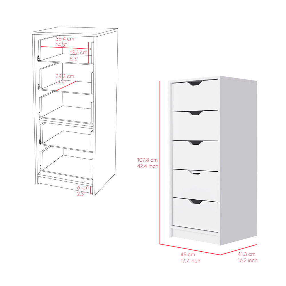 Dresser Kamran, Five Drawer Narrows, White Finish White Particle Board