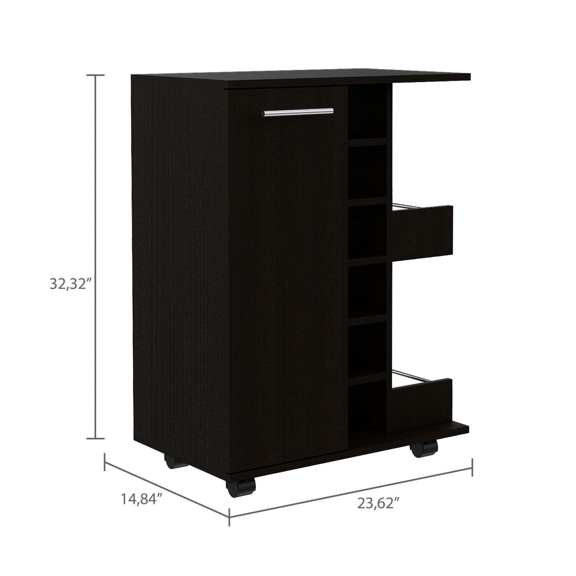 Bar Cart Wells, Four Casters, Black Wengue Finish Black Particle Board