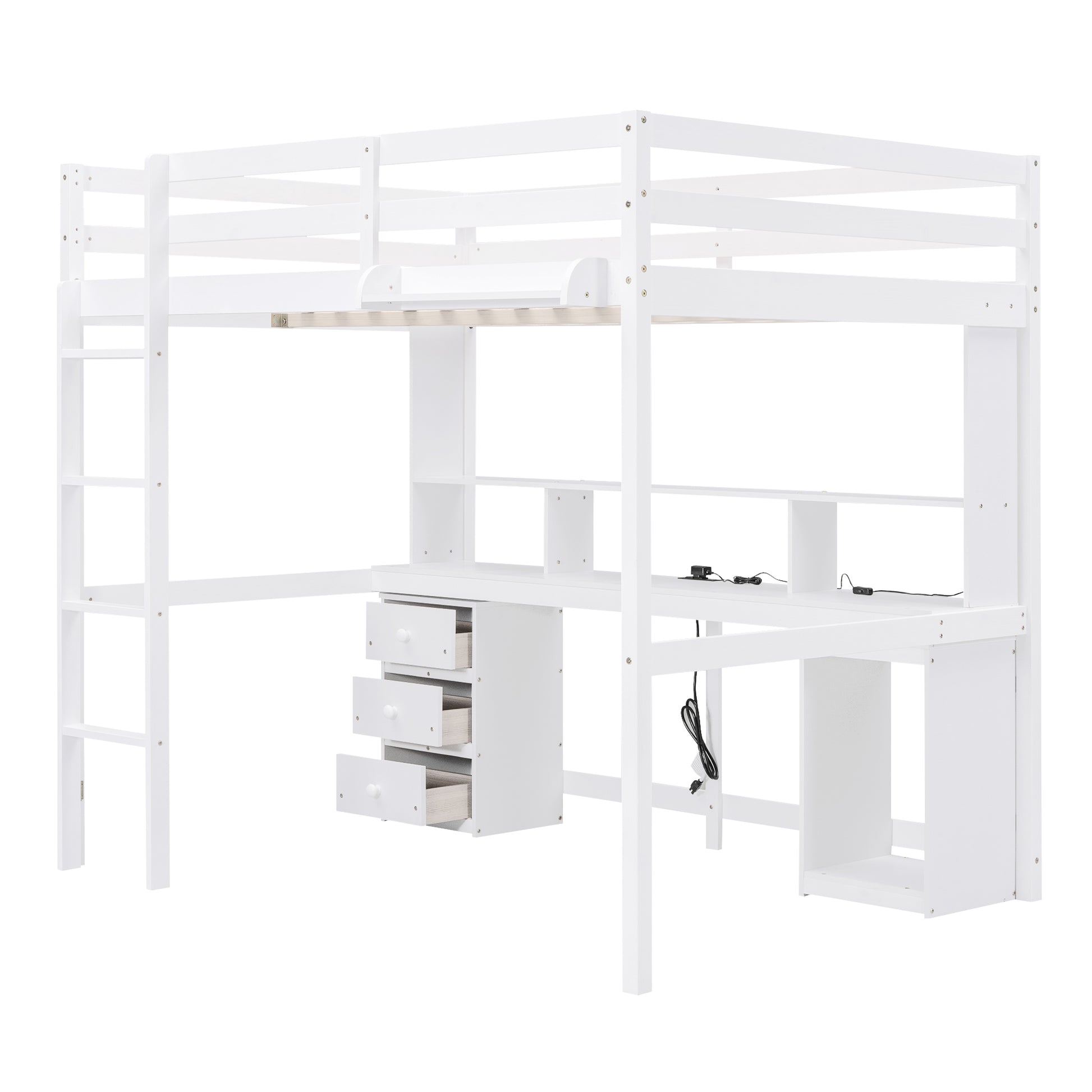 Full Size Loft Bed With Multi Storage Desk, Led Light And Bedside Tray, Charging Station, White Box Spring Not Required Twin White Wood Bedroom Solid Wood Mdf