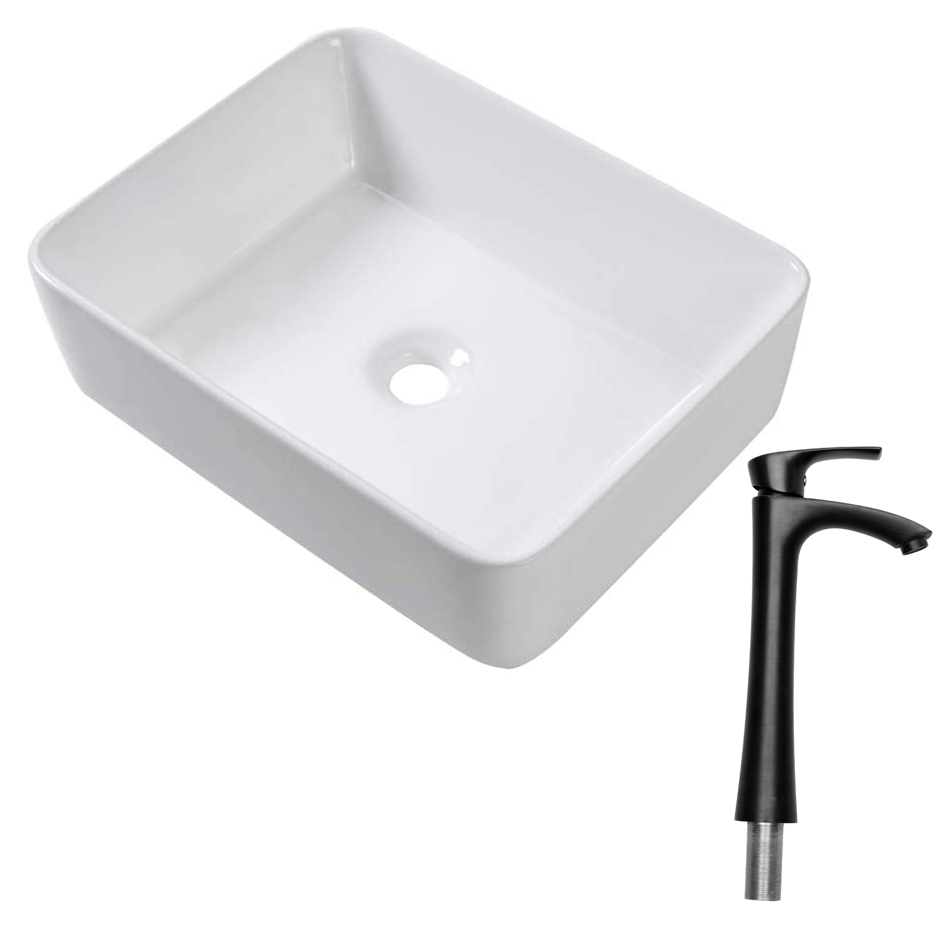 19"X15" Rectangle Vessel Bathroom Sink And Matte Black Single Lever Faucet Combo White Black Ceramic