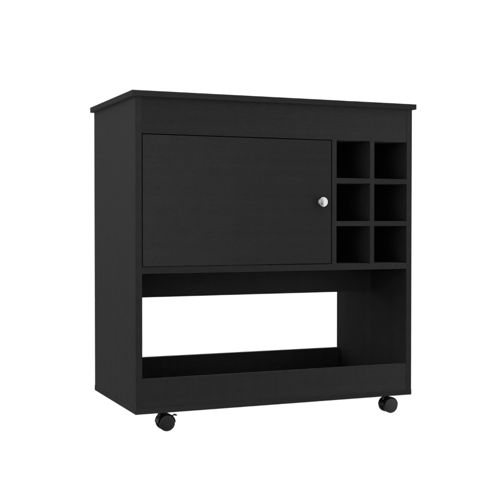 Bar Cart Aloha, Lower Panel, Six Bottle Cubbies, One Cabinet, Black Wengue Finish Black Particle Board