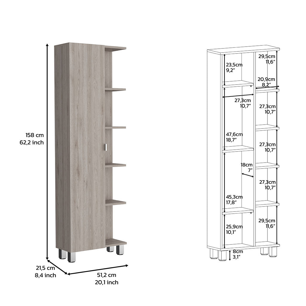 Corner Cabinet Womppi, Five Open Shelves, Single Door, Light Gray Finish Light Gray Particle Board