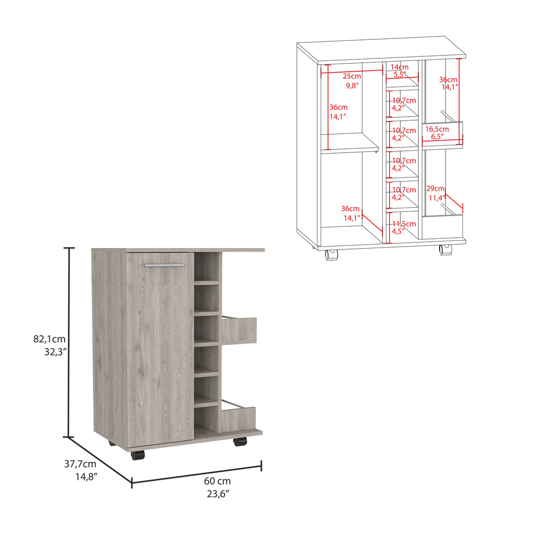 Bar Cart Wells, Four Casters, Light Gray Finish Light Gray Particle Board