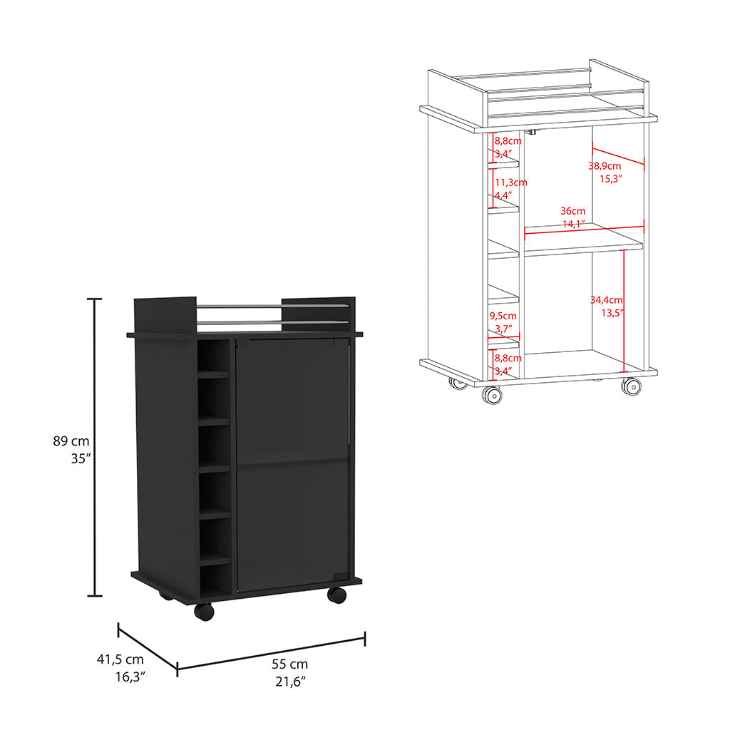 Bar Cart Baltimore, Two Tier Cabinet With Glass Door, Six Wine Cubbies, Black Wengue Finish Black Particle Board