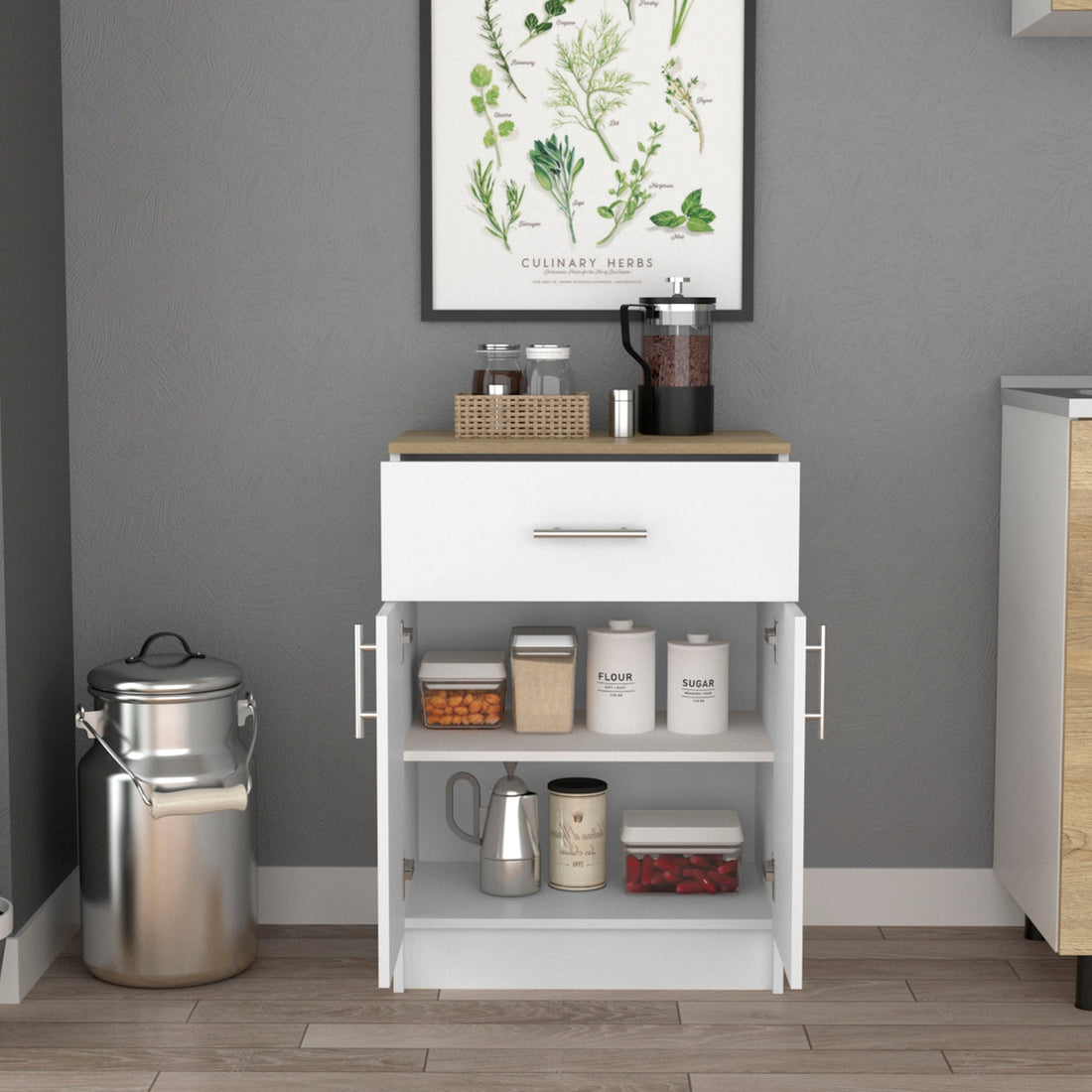 Pantry Cabinet Netal, One Drawer, White Light Oak