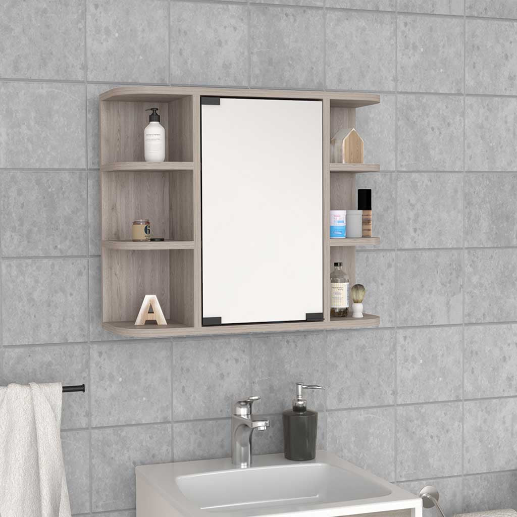 Medicine Cabinet Milano, Six External Shelves Mirror, Light Gray Finish Light Gray Particle Board