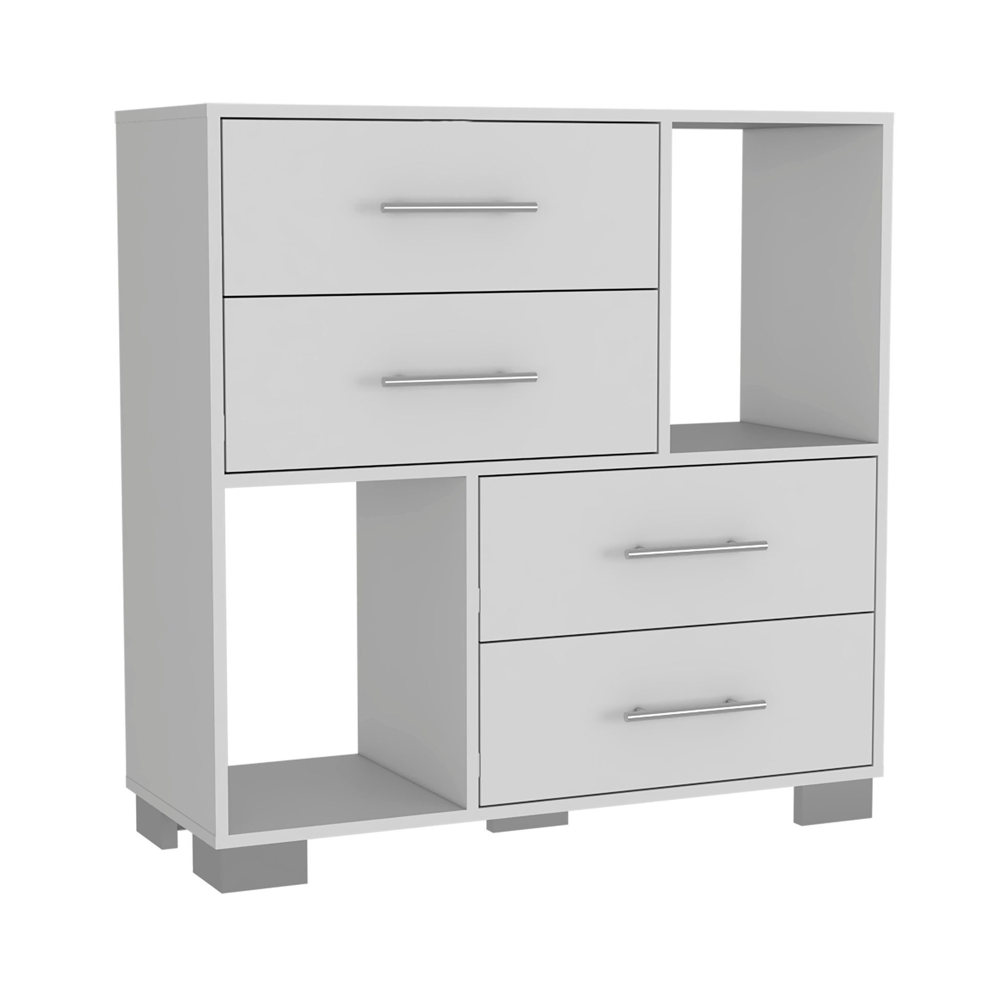 Dresser Hetzs, Four Drawers, Two Open Shelves, White Finish White Particle Board