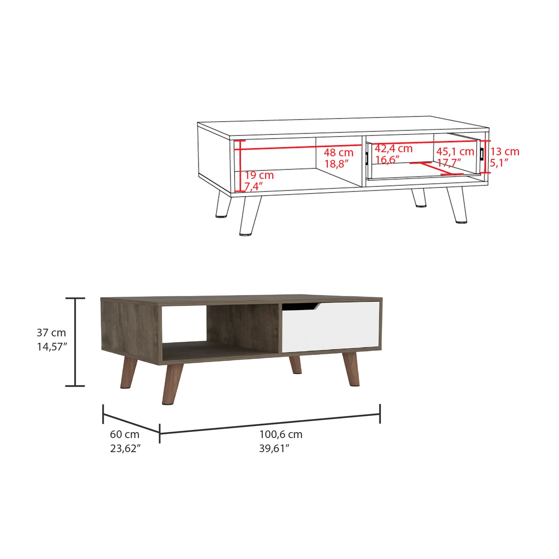 Coffee Table 2.0 Bull, One Drawer, Four Legs, Dark Brown White Finish Dark Brown White Particle Board