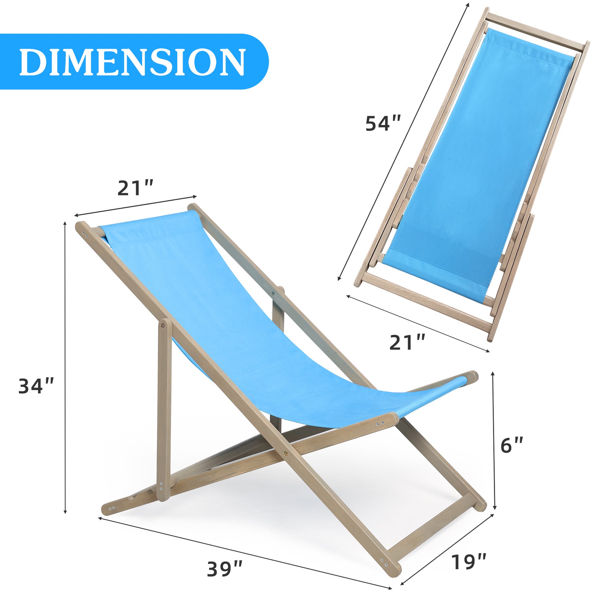 Beach Sling Patio Chair Set Of 2,Wooden Folding Outdoor Chairs For Outside 3 Level Height Adjustable, Portable Reclining Beach Chair Blue Solid Wood