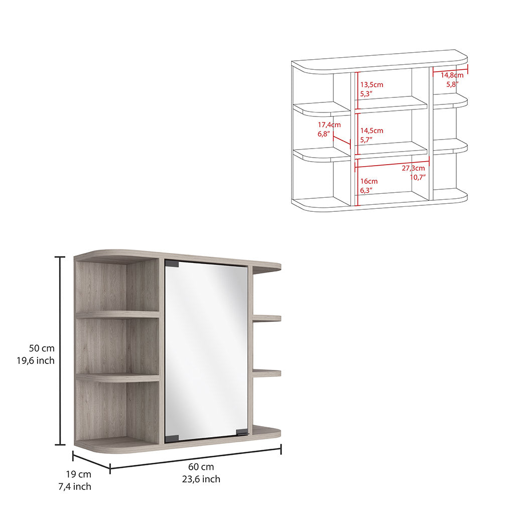 Medicine Cabinet Milano, Six External Shelves Mirror, Light Gray Finish Light Gray Particle Board