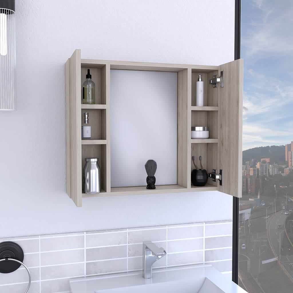 Medicine Cabinet Hops, Double Door, Mirror, One External Shelf, Light Gray Finish Light Gray Particle Board