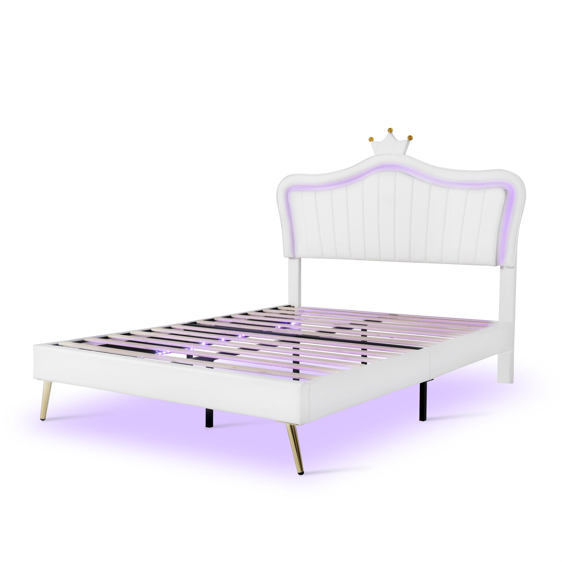 Queen Size Upholstered Bed Frame With Led Lights,Modern Upholstered Princess Bed With Crown Headboard,White White Pu