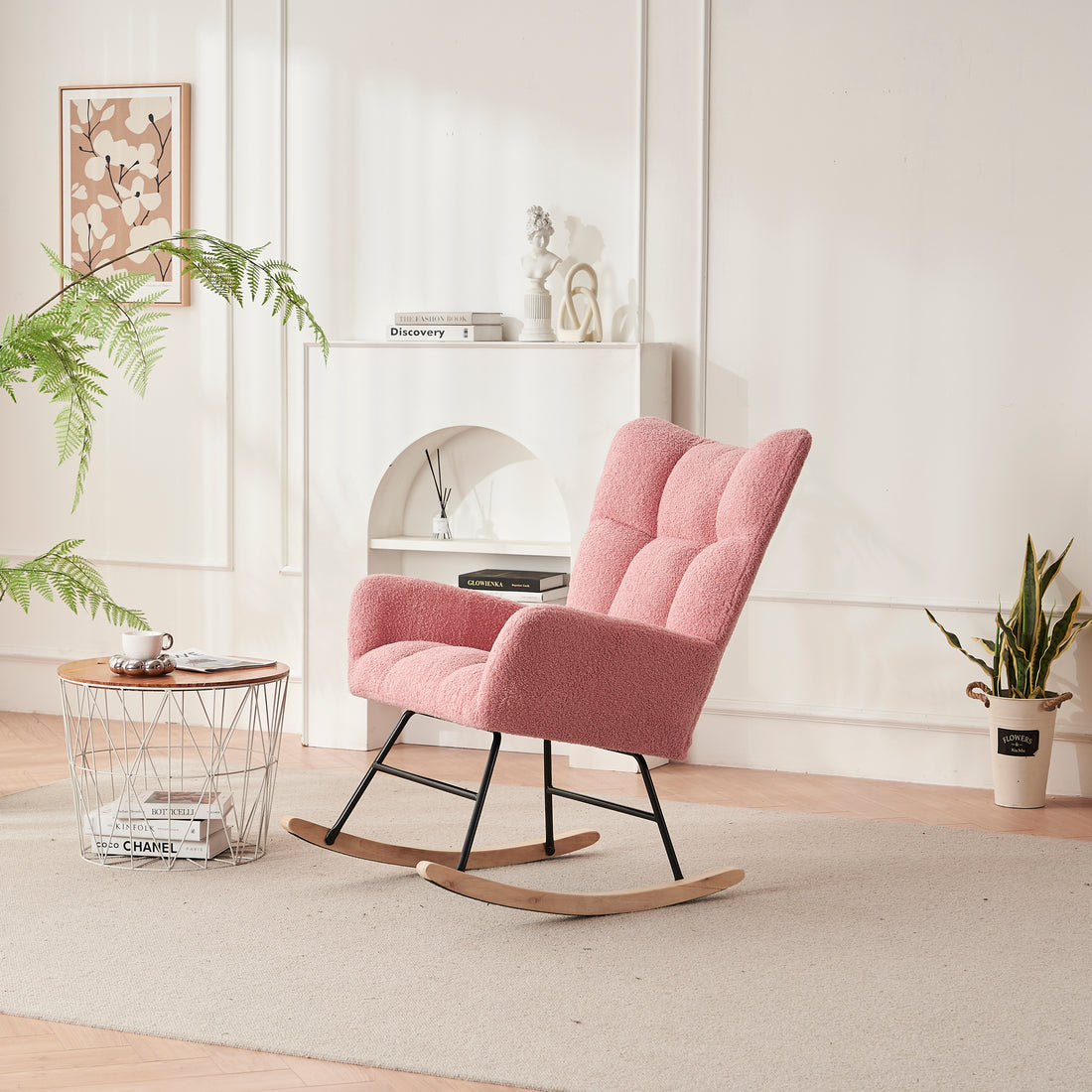 Rocking Chair Nursery, Solid Wood Legs Reading Chair Withteddy Fabric Upholstered, Nap Armchair For Living Rooms, Bedrooms, Offices, Best Gift,Pink Teddy Fabric Pink Primary Living Space Modern Rocking Chairs Polyester