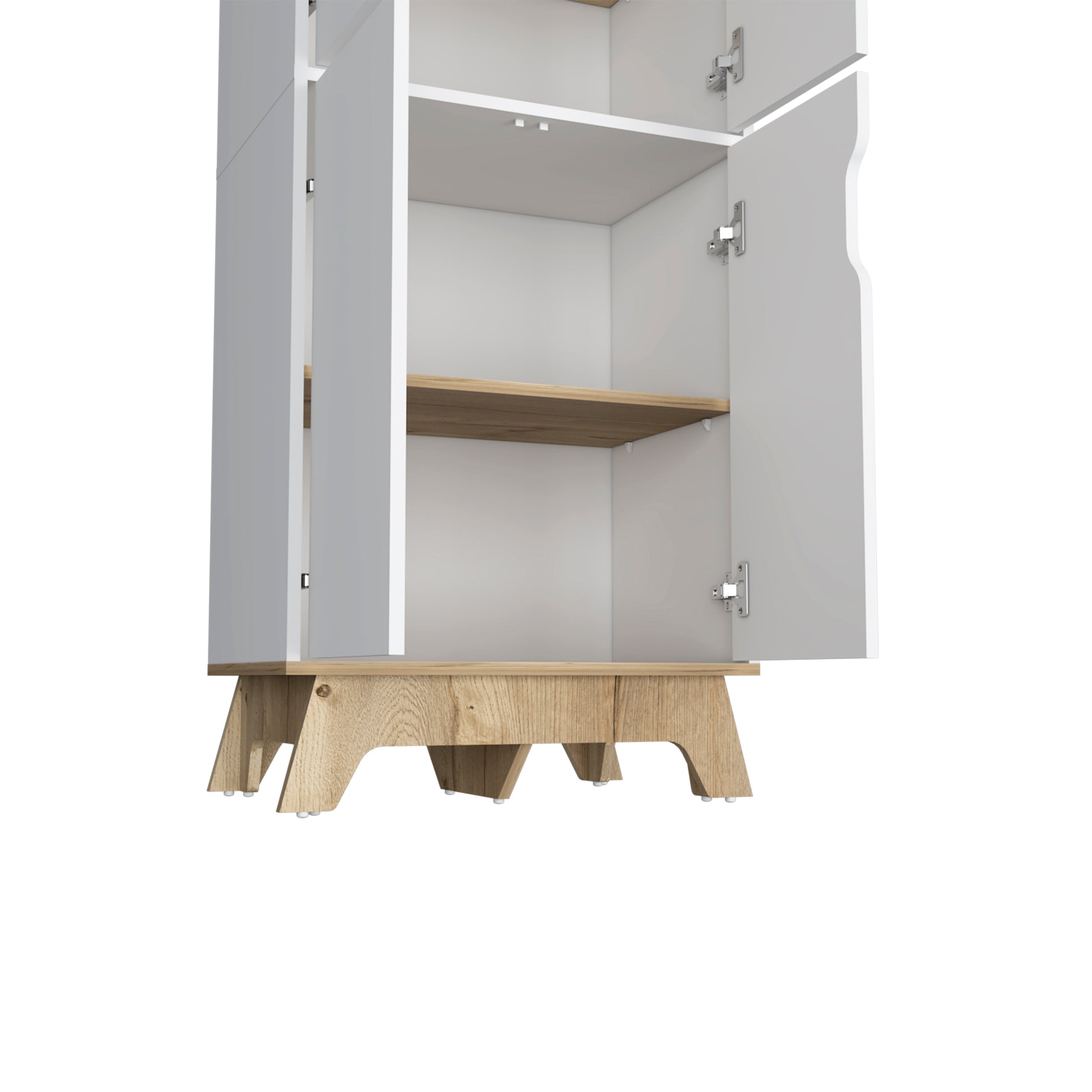 Double Kitchen Pantry Wallas, Double Door, Four Legs, Four Shelves, Light Oak White Finish Light Oak Particle Board