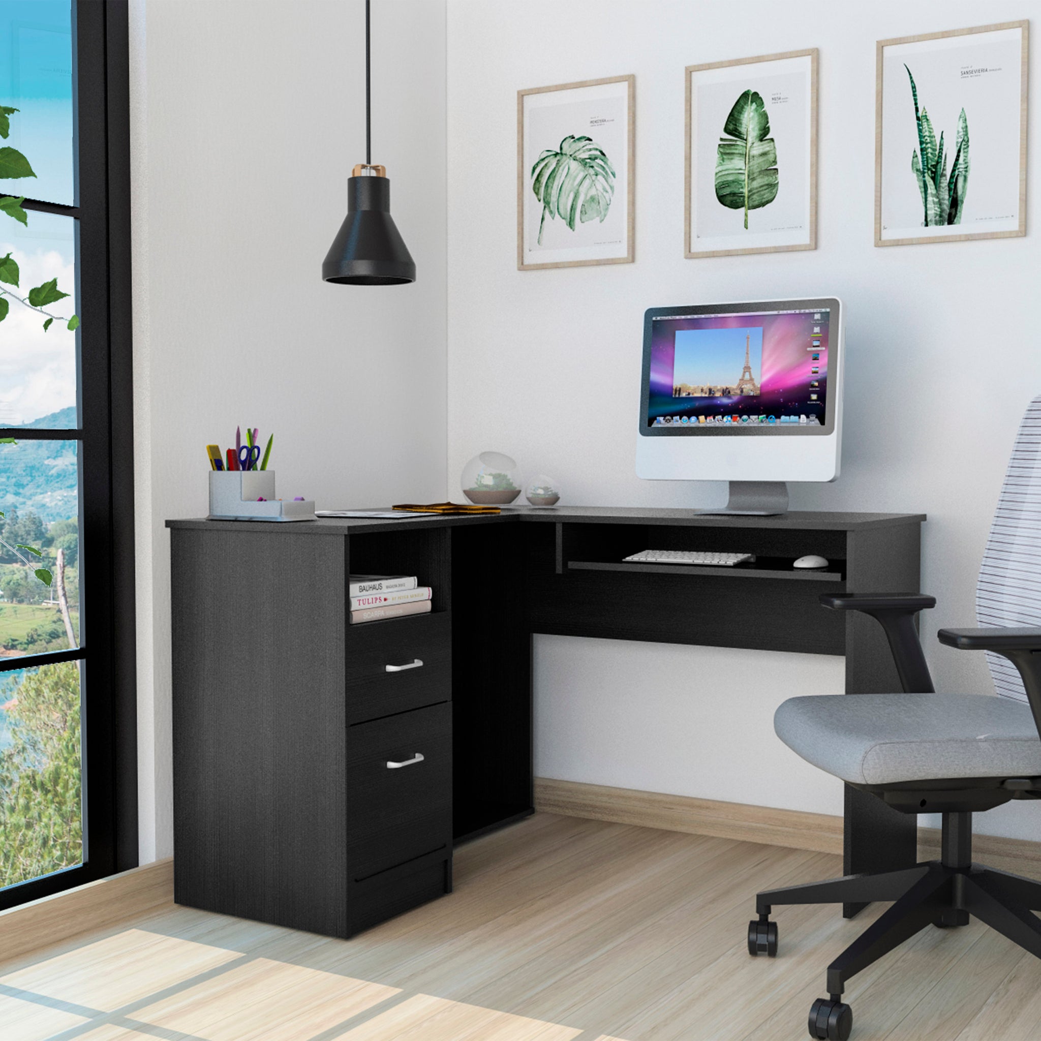 L Shaped Desk Bradford, Keyboard Shelf, Black Wengue