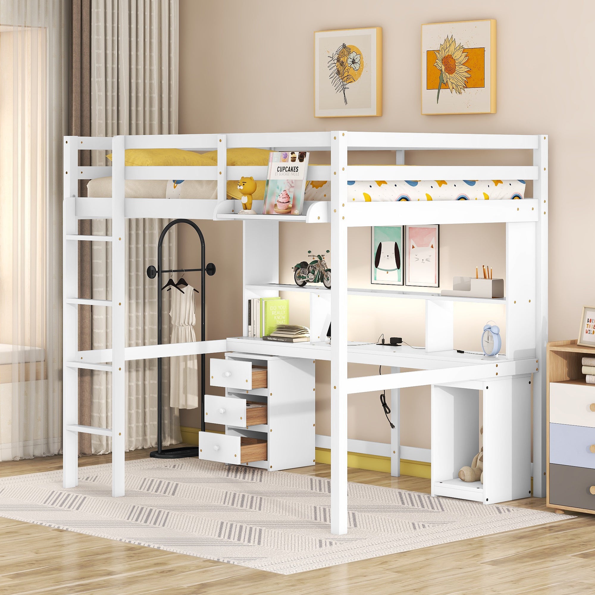 Full Size Loft Bed With Multi Storage Desk, Led Light And Bedside Tray