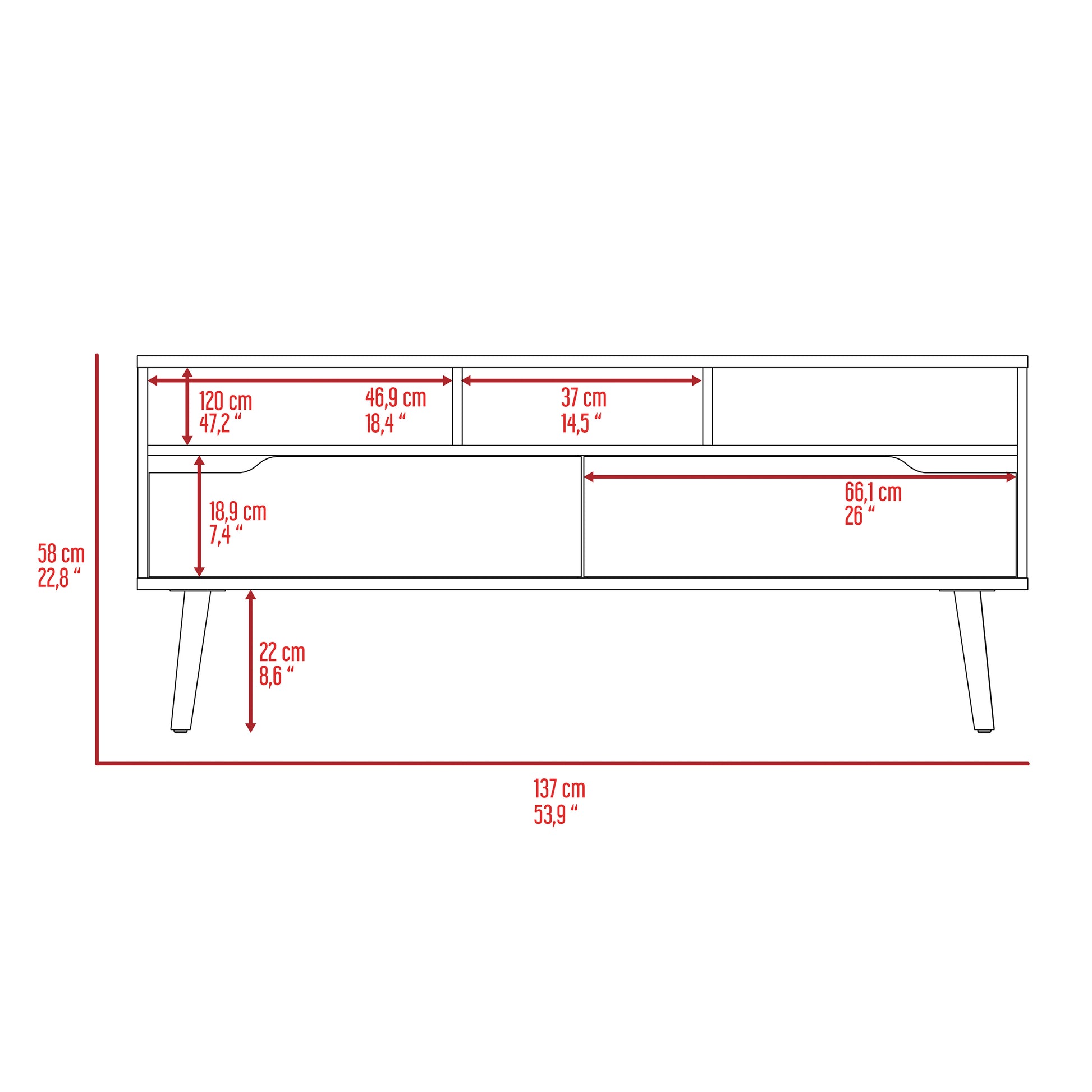 Tv Stand For Tv S Up 52" Bull, Three Open Shelves, Two Flexible Drawers, Dark Walnut Finish Walnut 50 59 Inches Particle Board