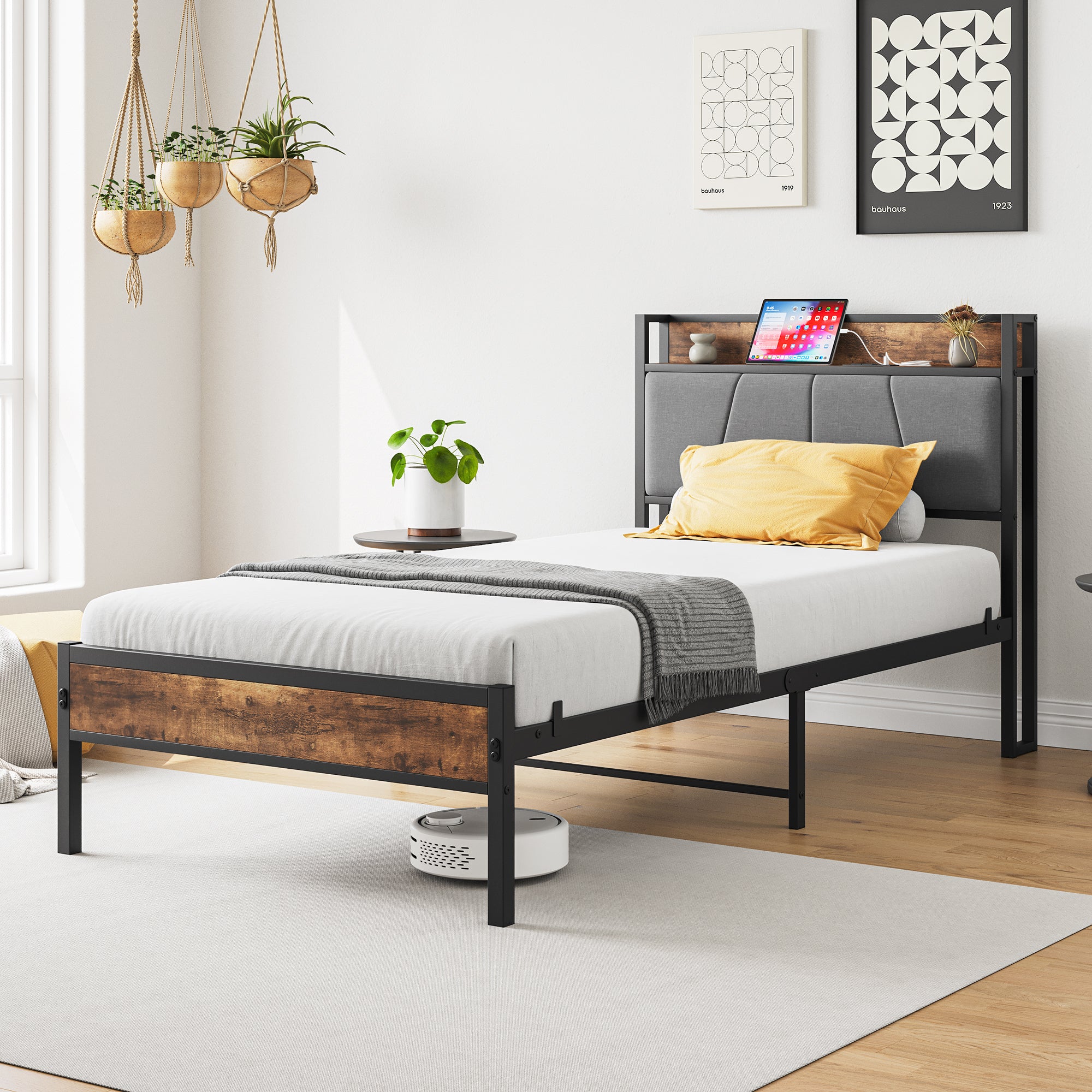 Twin Size Bed Frame, Storage Headboard with Charging box spring not