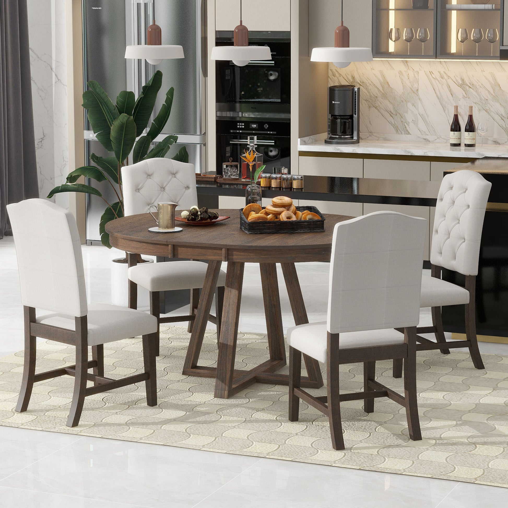 5 Piece Retro Functional Dining Set, Round Table With A 16"W Leaf And 4 Upholstered Chairs For Dining Room And Living Room Walnut Walnut Solid Wood