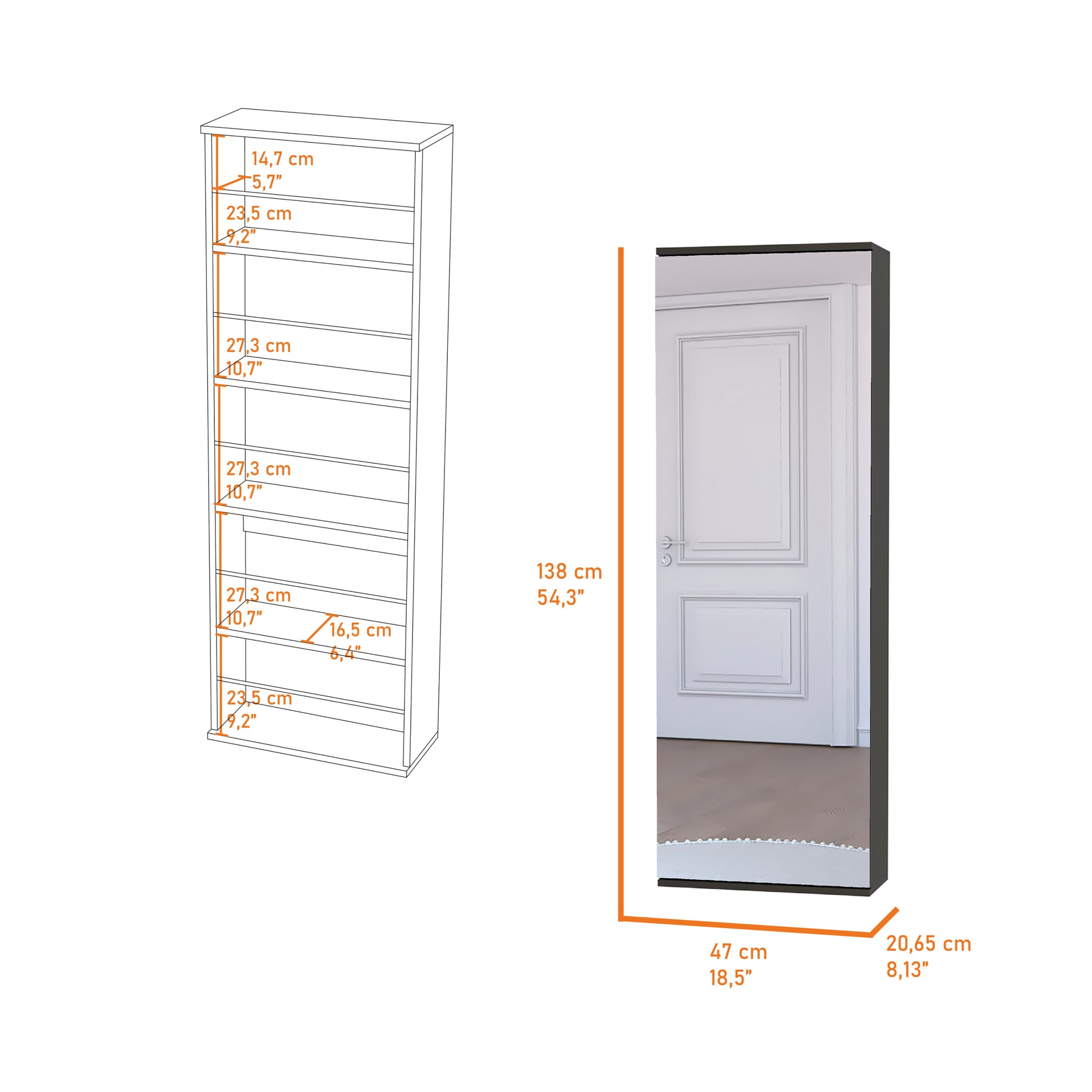 Wall Mounted Shoe Rack With Mirror Chimg, Single Door, Black Wengue Finish Black Particle Board