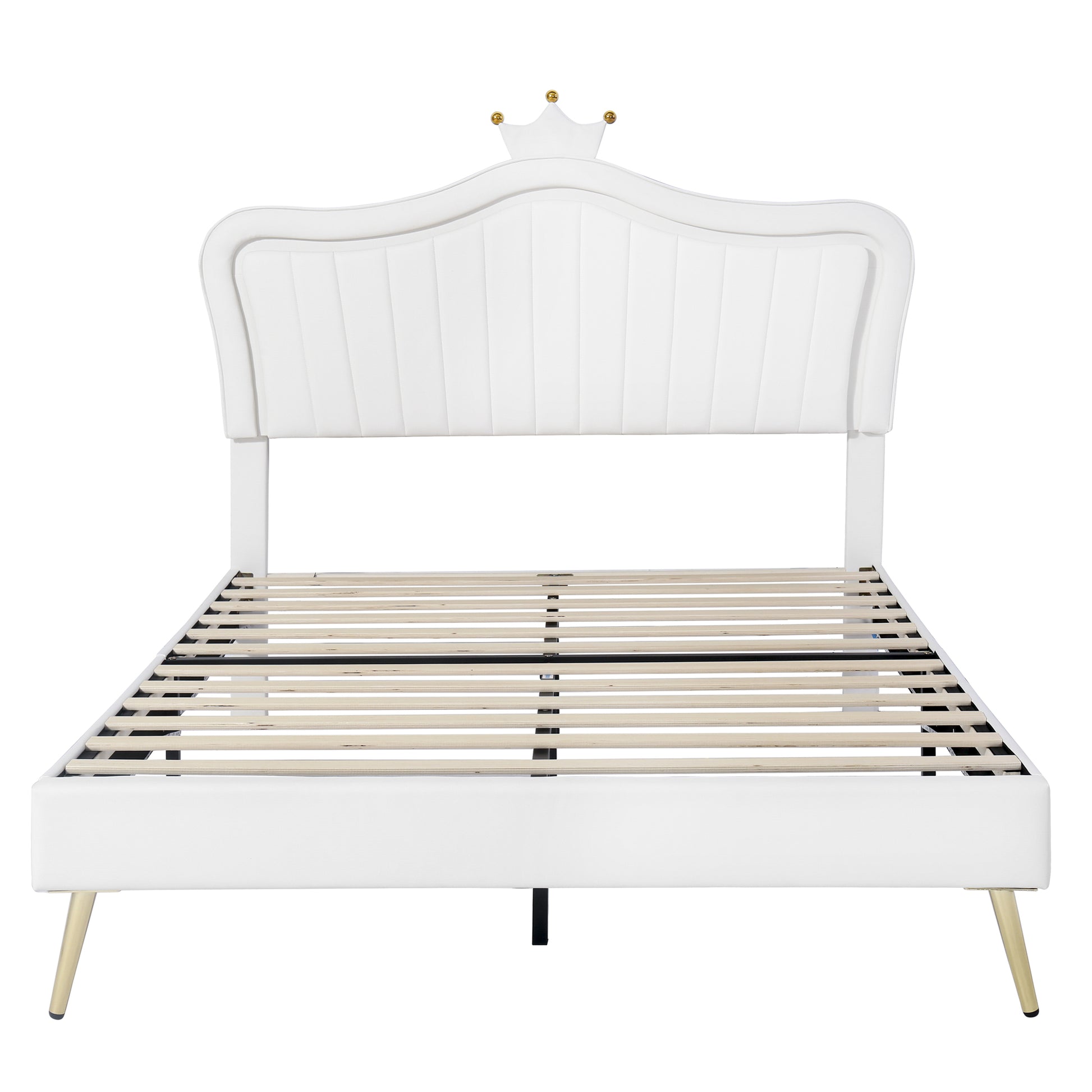 Queen Size Upholstered Bed Frame With Led Lights,Modern Upholstered Princess Bed With Crown Headboard,White White Pu