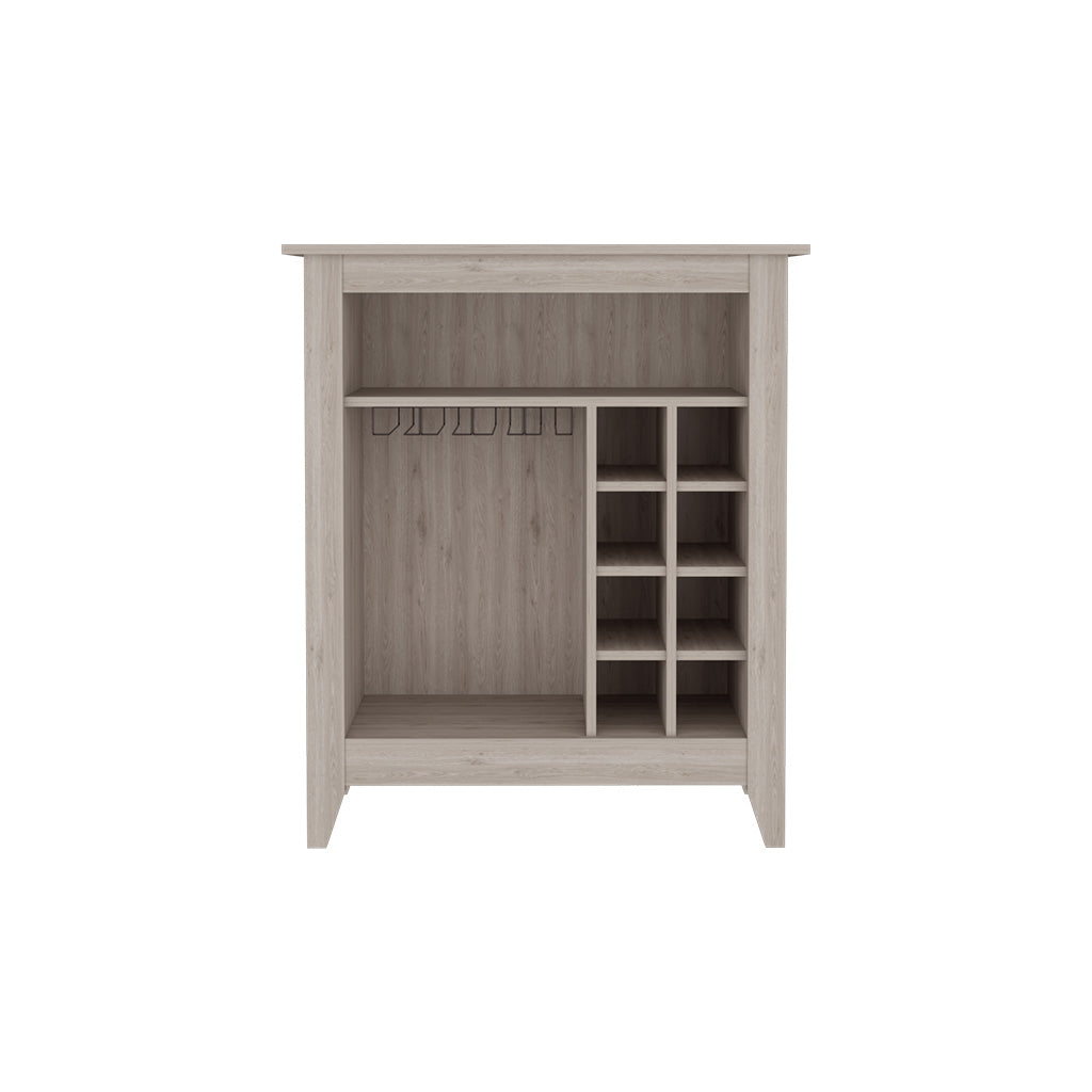 Bar Cabinet Castle, One Open Shelf, Six Wine Cubbies, Light Gray Finish Light Gray Particle Board