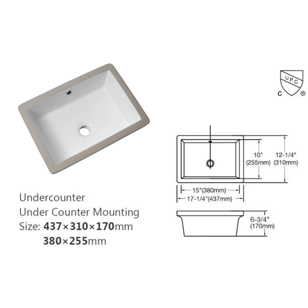 18"X12" White Ceramic Rectangular Undermount Bathroom Sink With Overflow White Ceramic