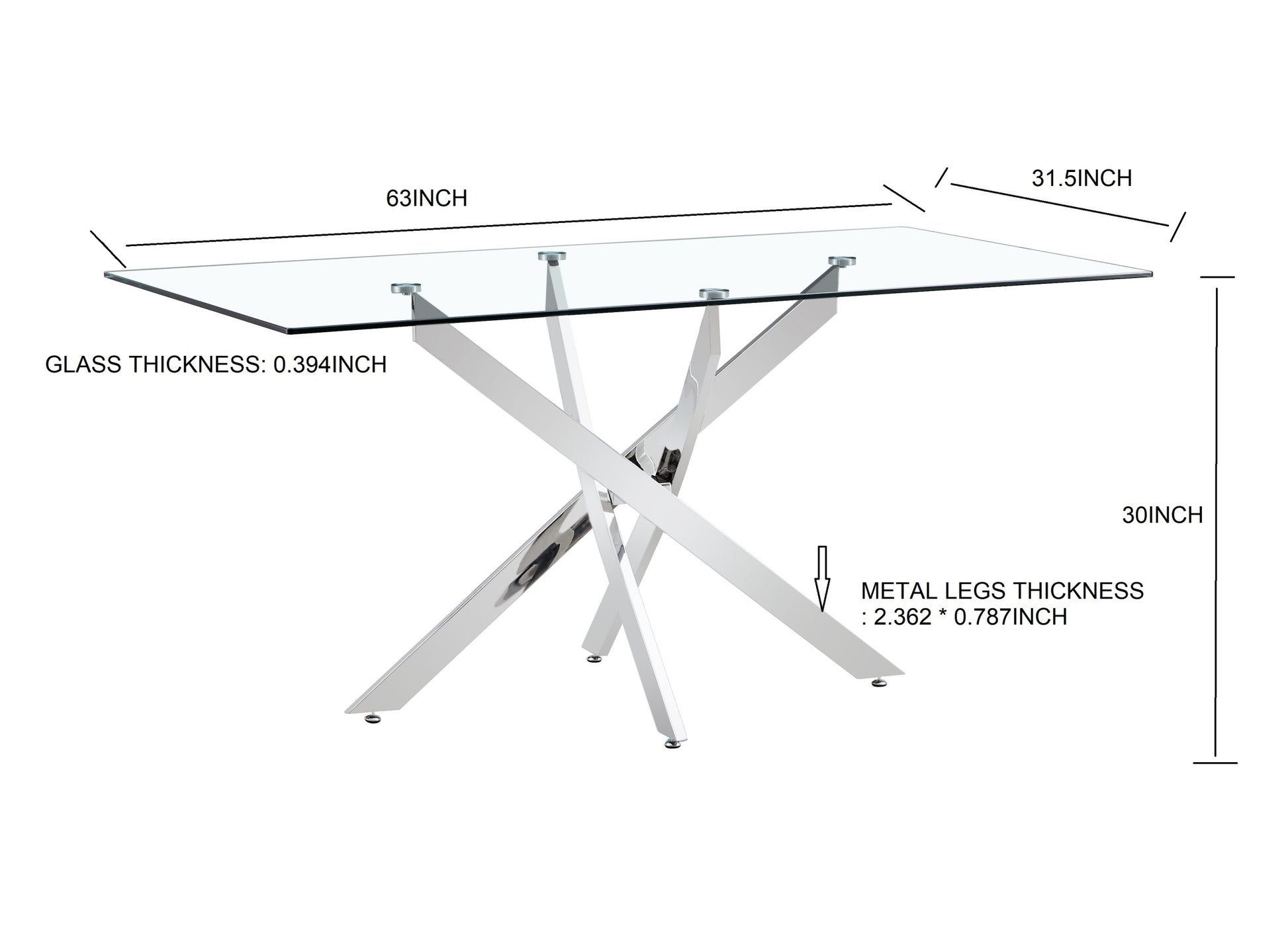 Tempered Clear Glass Golden Leg Dinning Table 63" Gold Glass