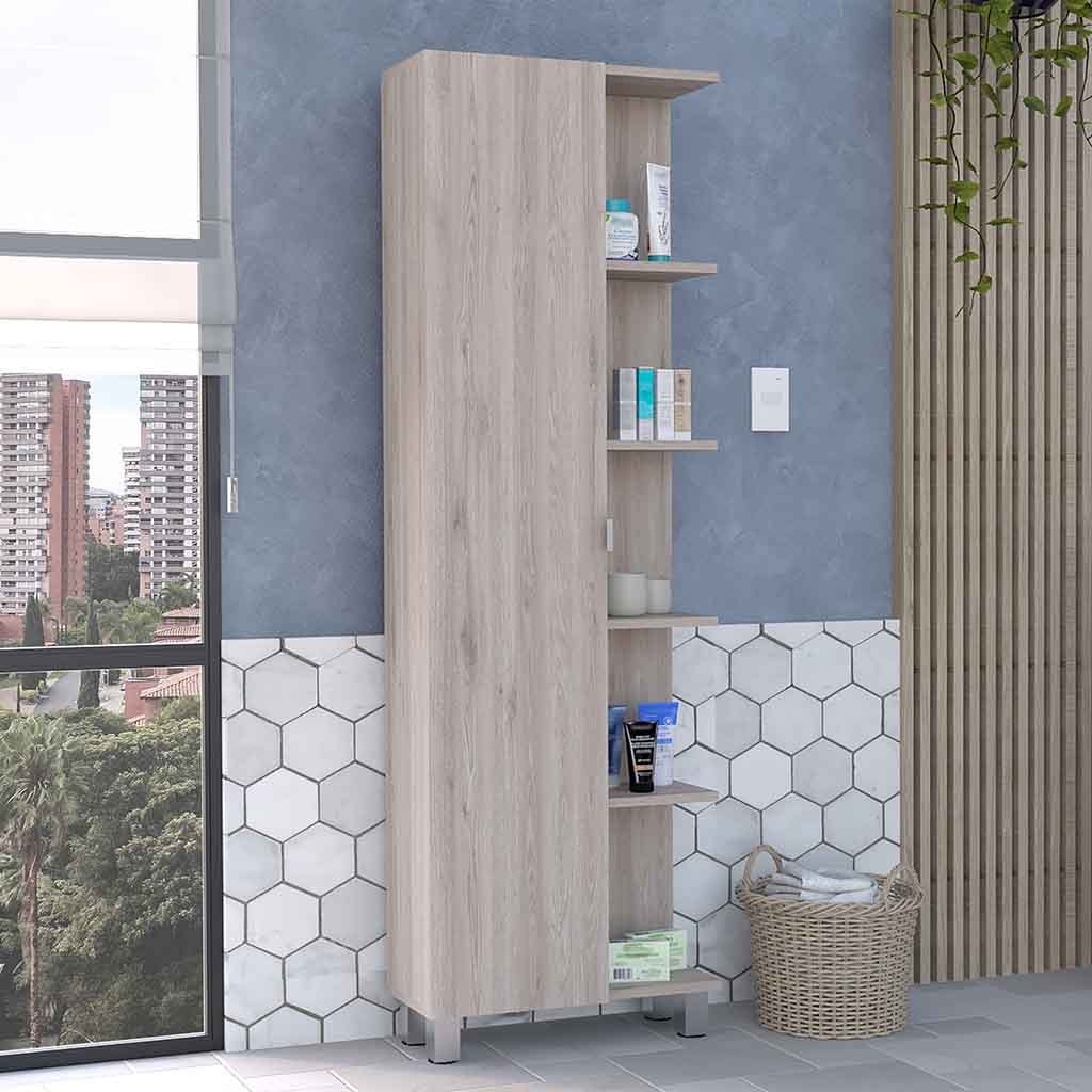 Corner Cabinet Womppi, Five Open Shelves, Single Door, Light Gray Finish Light Gray Particle Board