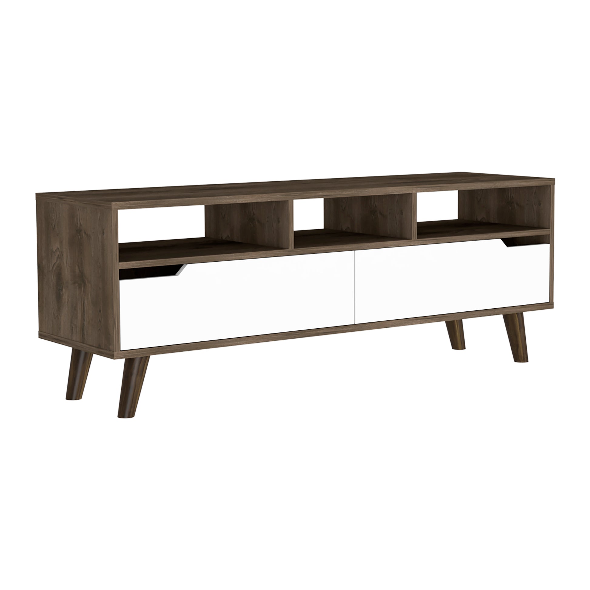 Tv Stand 2.0 For Tv S Up 52" Bull, Three Open Shelves,Two Drawers, Dark Brown White Finish White 50 59 Inches Particle Board