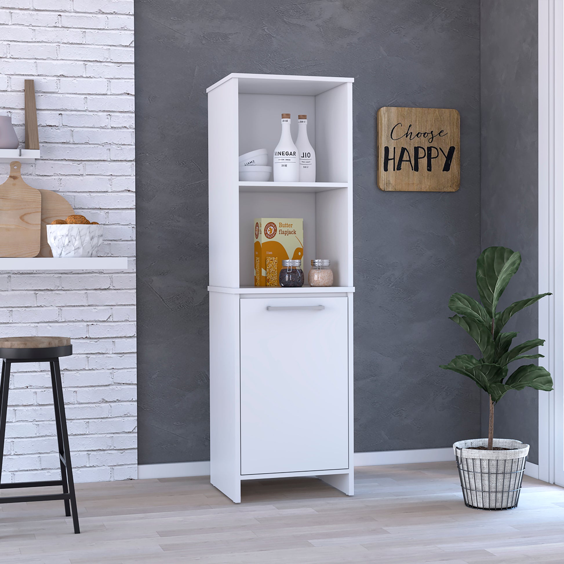 Kitchen Pantry Feery, Single Door Cabinet, Interior And External Shelves, White Finish White Particle Board