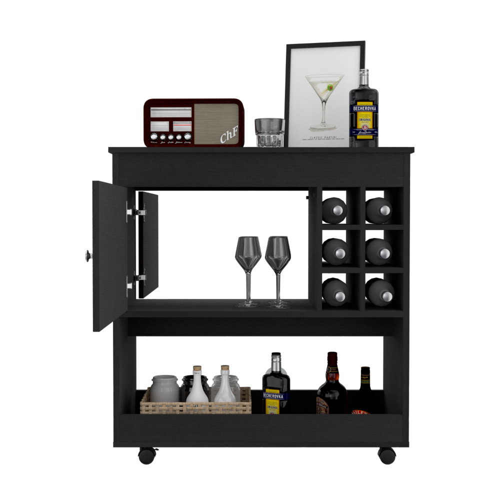 Bar Cart Aloha, Lower Panel, Six Bottle Cubbies, One Cabinet, Black Wengue Finish Black Particle Board