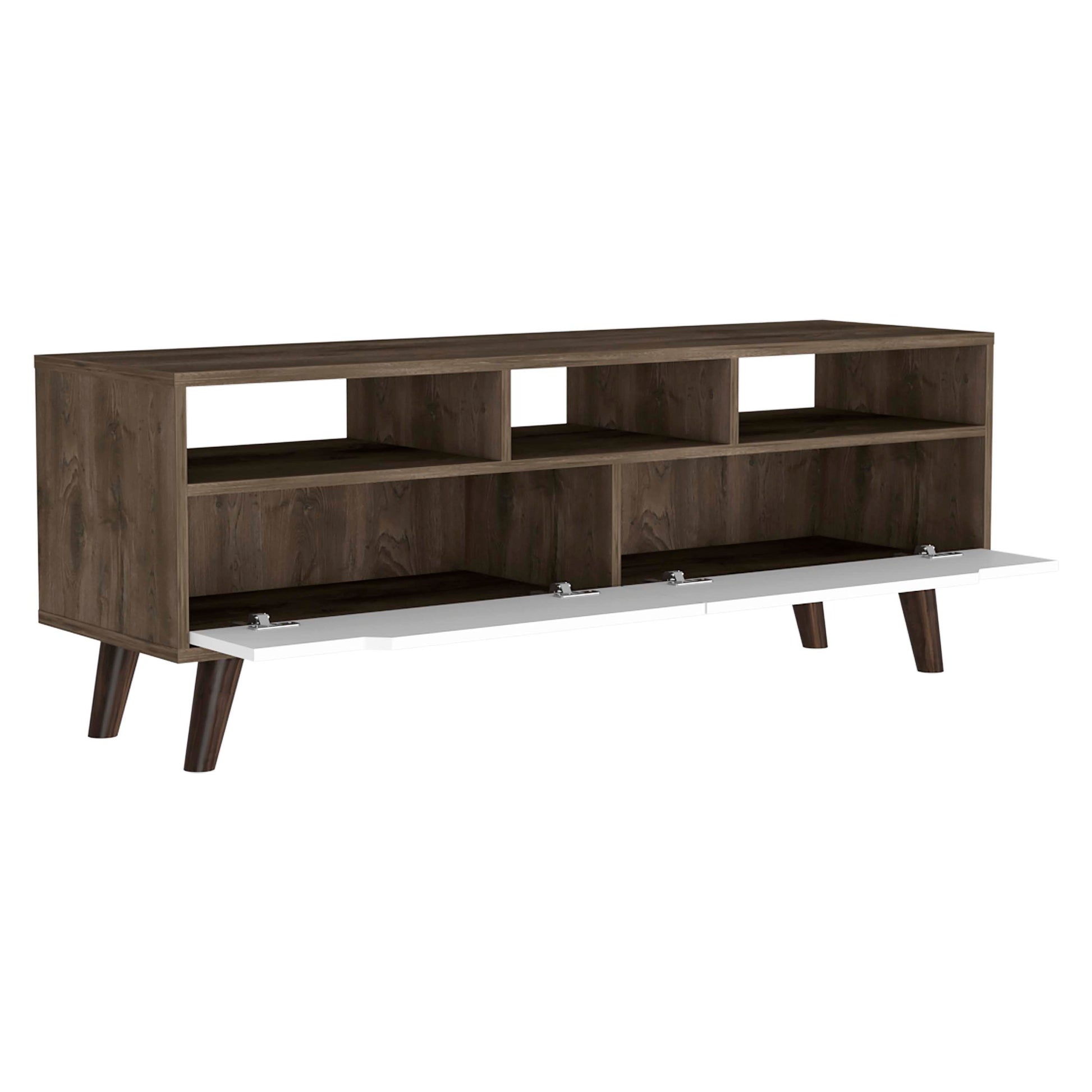 Tv Stand 2.0 For Tv S Up 52" Bull, Three Open Shelves,Two Drawers, Dark Brown White Finish White 50 59 Inches Particle Board