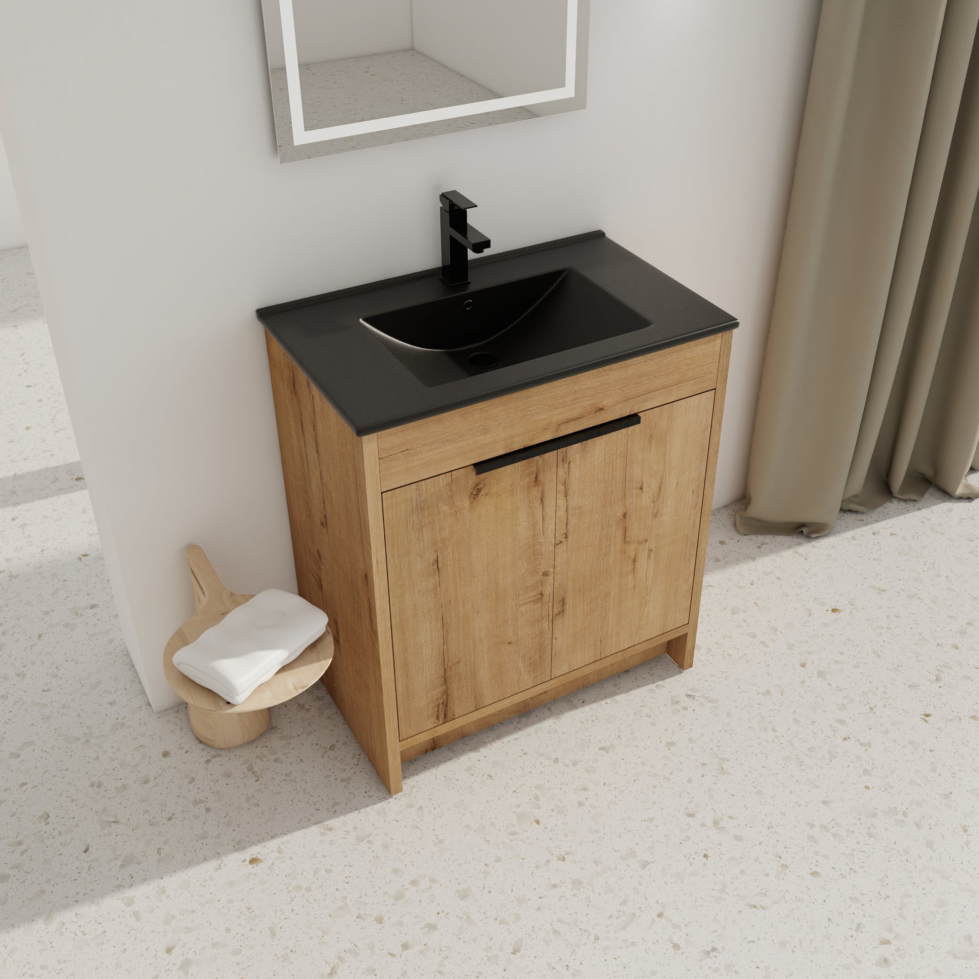 30" Freestanding Bathroom Cabinet With Basin & 2 Soft imitative oak-2-plywood