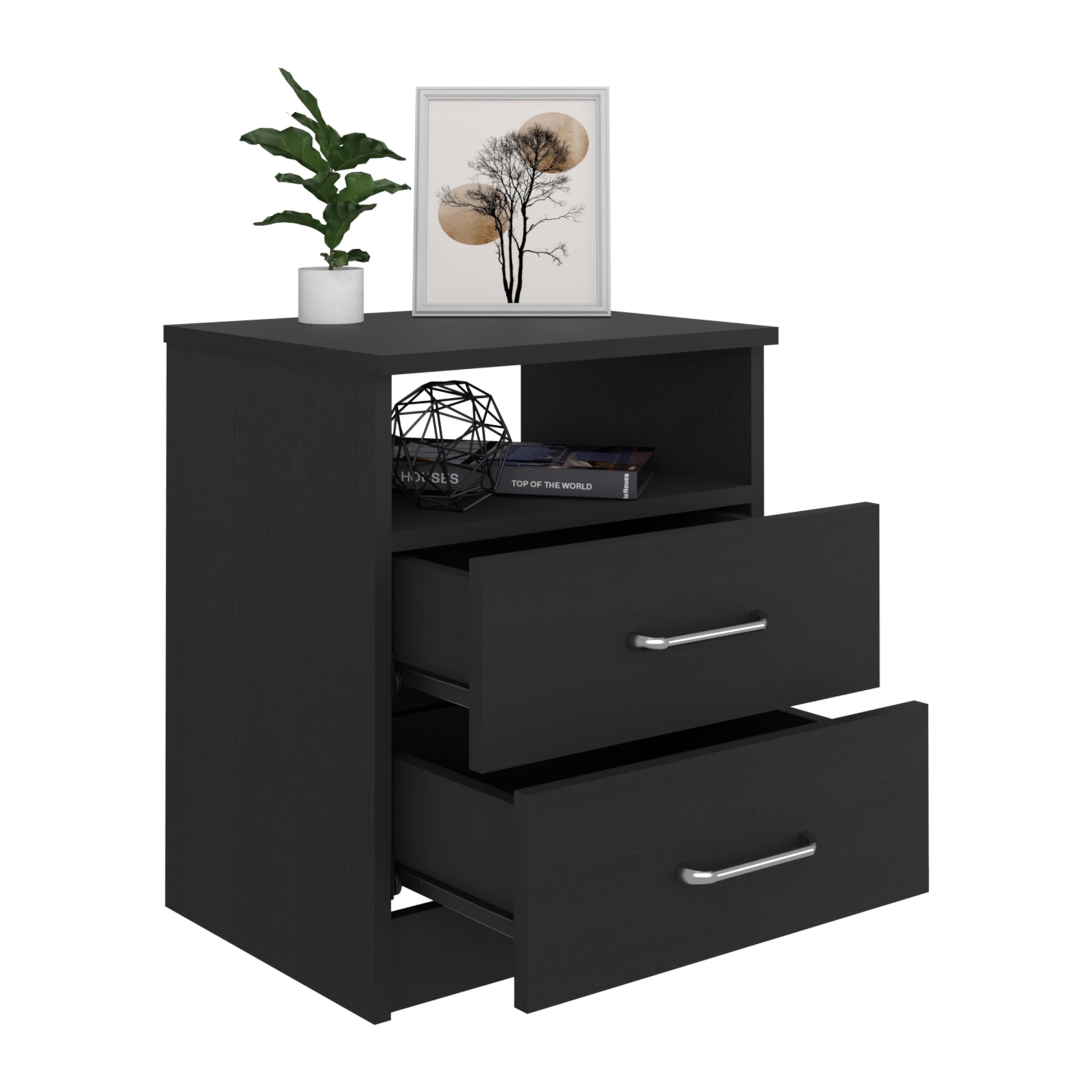 Nightstand Olivenza, Two Drawers, Black Wengue Finish Black Particle Board