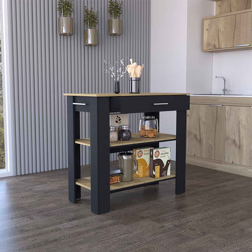 Kitchen Island 40 Inches Dozza, Two Shelves, Black Wengue Light Oak Finish Light Oak Particle Board