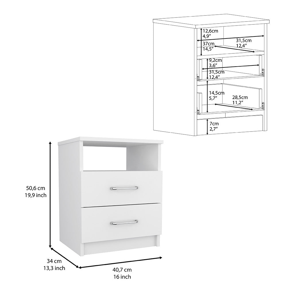 Nightstand Olienza, Two Drawers, One Shelf, White Finish White Particle Board