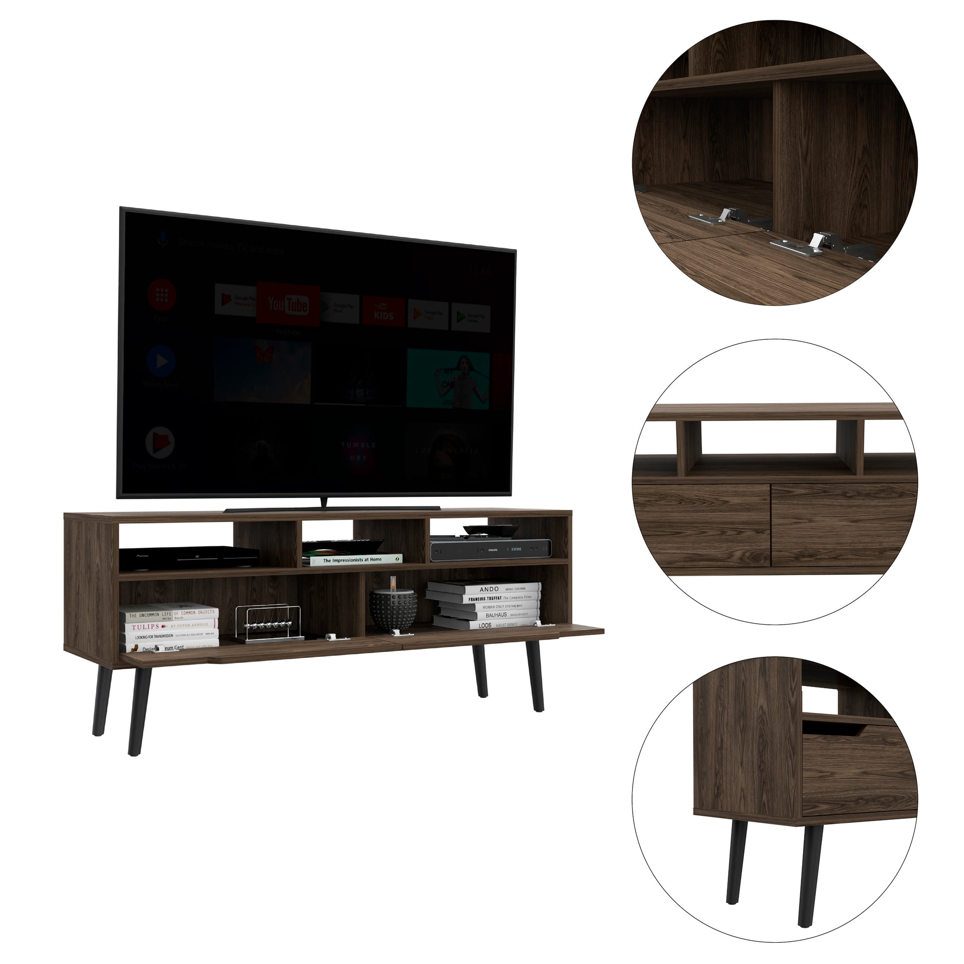 Tv Stand For Tv S Up 52" Bull, Three Open Shelves, Two Flexible Drawers, Dark Walnut Finish Walnut 50 59 Inches Particle Board