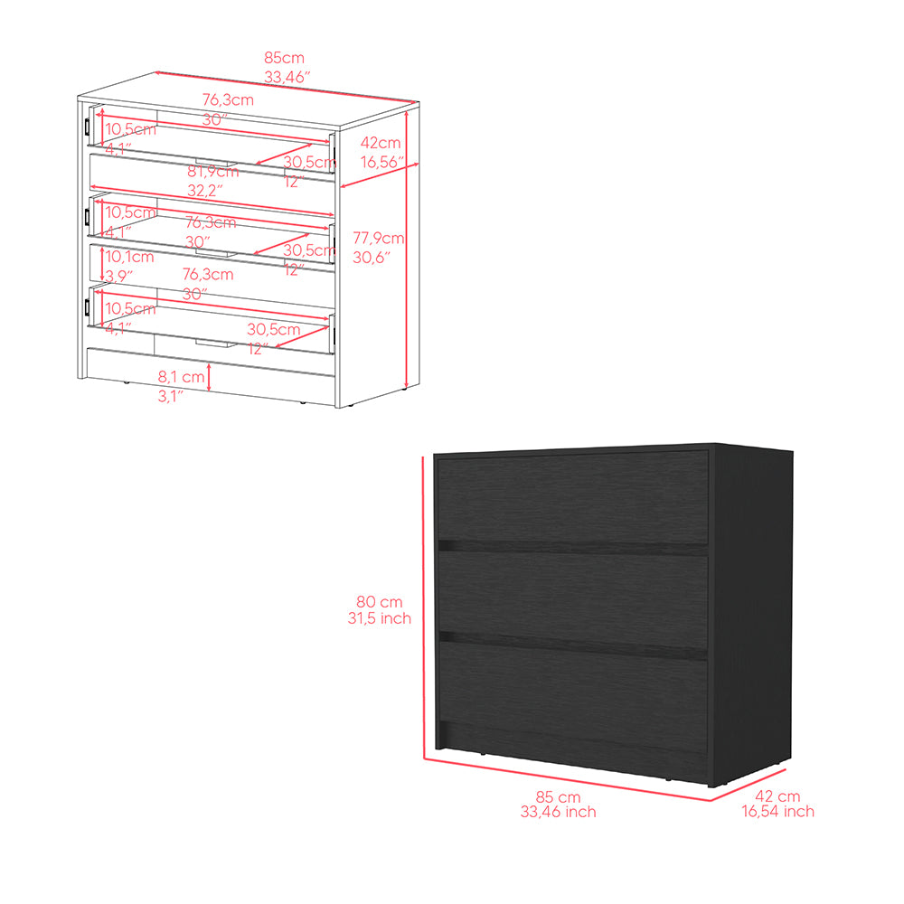 Dresser Maldus, Three Drawers, Black Wengue Finish Black Particle Board