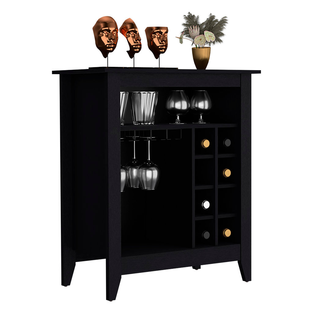 Bar Cabinet Castle, One Open Shelf, Six Wine Cubbies, Black Wengue Finish Black Particle Board