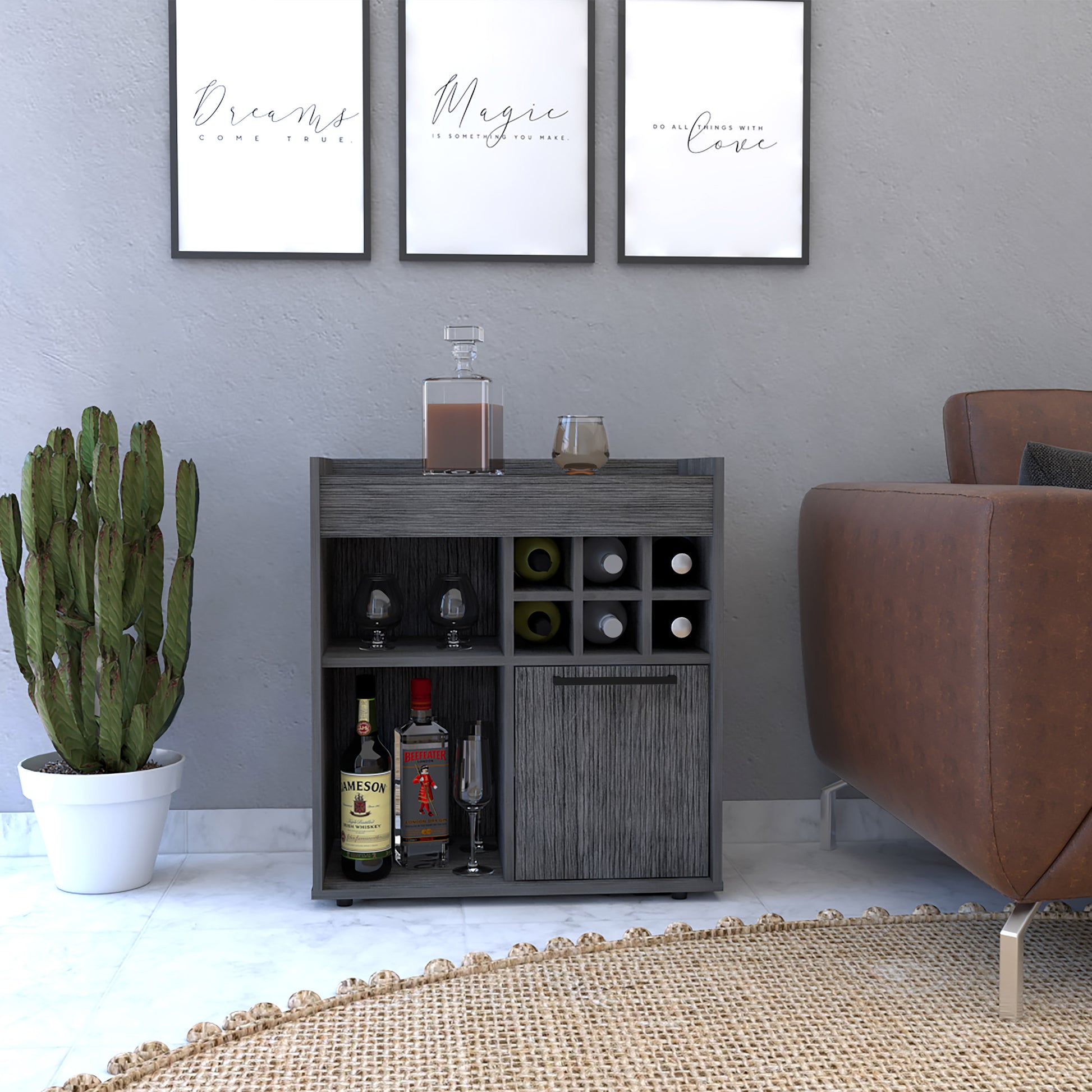 Bar Cabinet Dext, Two Concealed Shelves, Six Wine Cubbies, Light Gray Finish Light Gray Particle Board